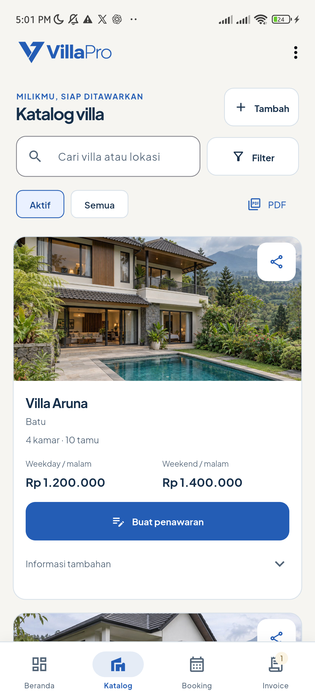 Katalog Villa Aruna dengan foto, lokasi, kapasitas dan tarif malam.