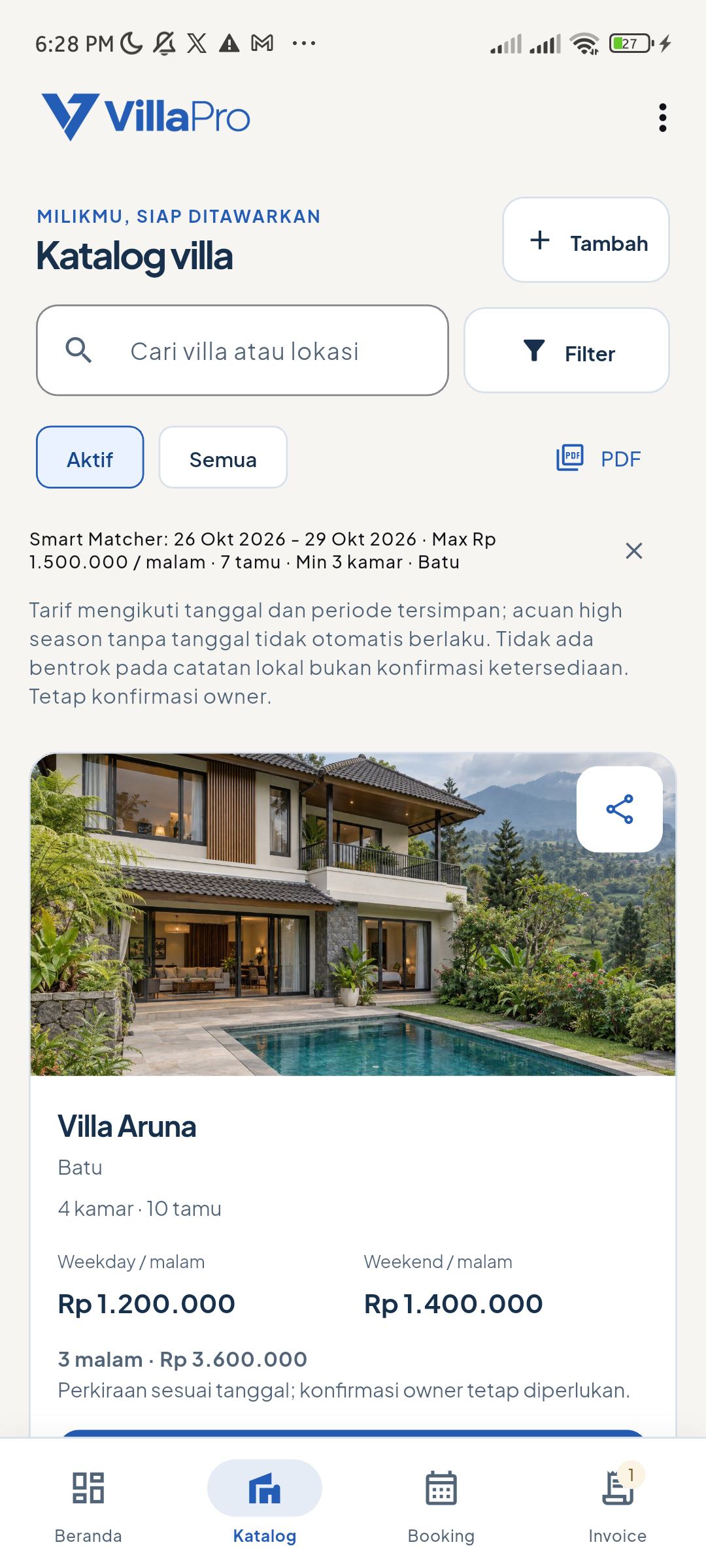 Hasil Matcher Aruna untuk 26–29 Oktober, budget Rp1.500.000 per malam, tujuh tamu, tiga kamar, Batu; estimasi tiga malam Rp3.600.000.