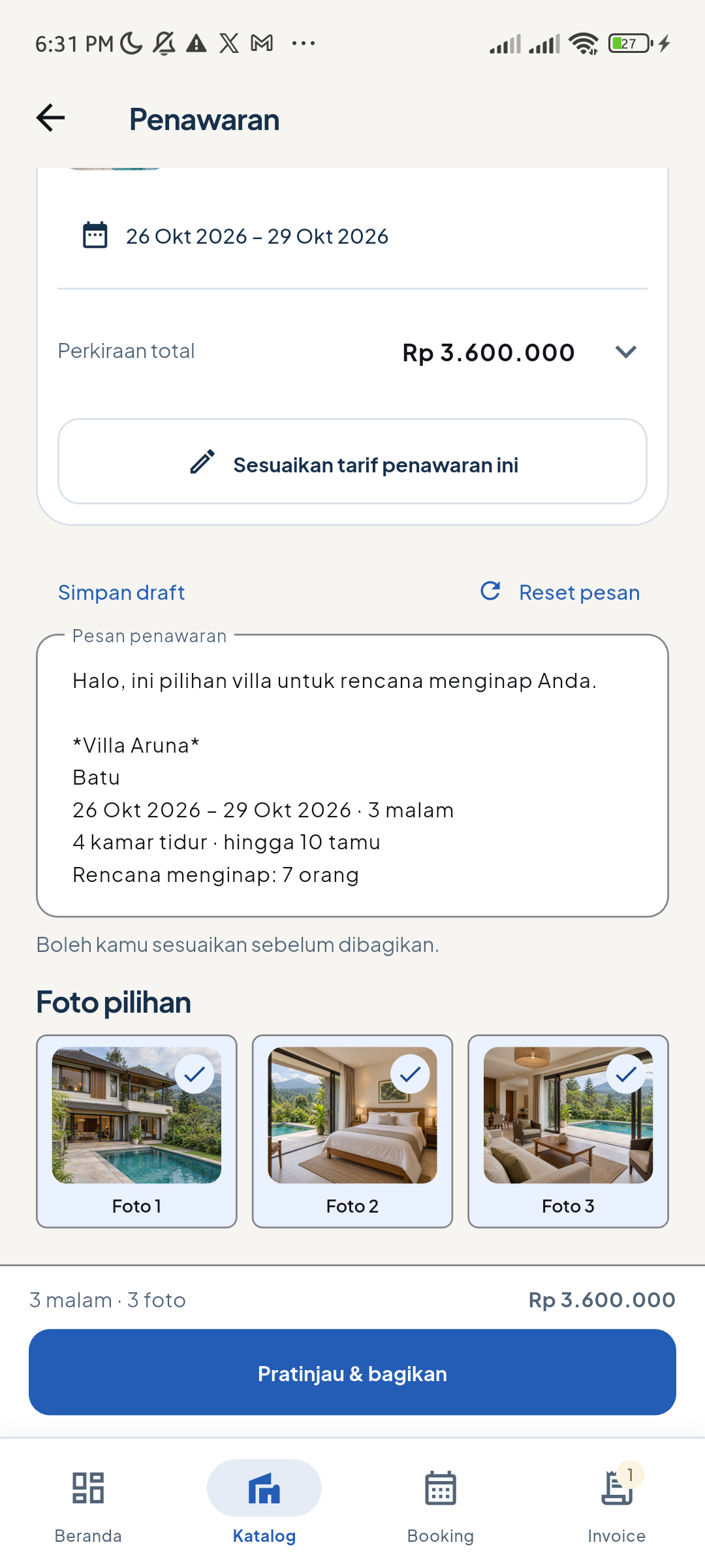 Editor pesan penawaran dan pilihan tiga foto Aruna.