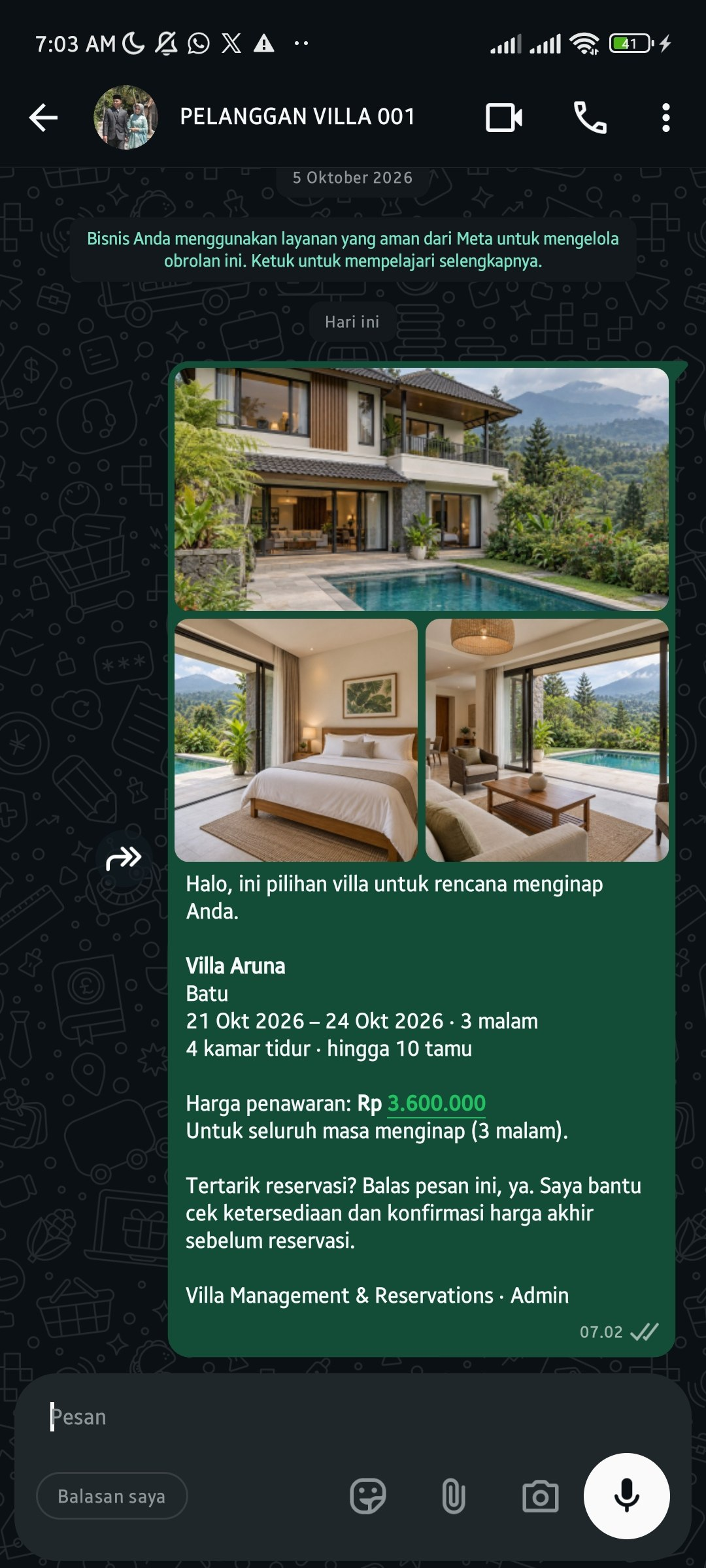 Gambar WhatsApp dari pemilik: penawaran Aruna 21–24 Oktober 2026, tiga malam, total Rp3.600.000; contoh terpisah dari booking dan invoice.