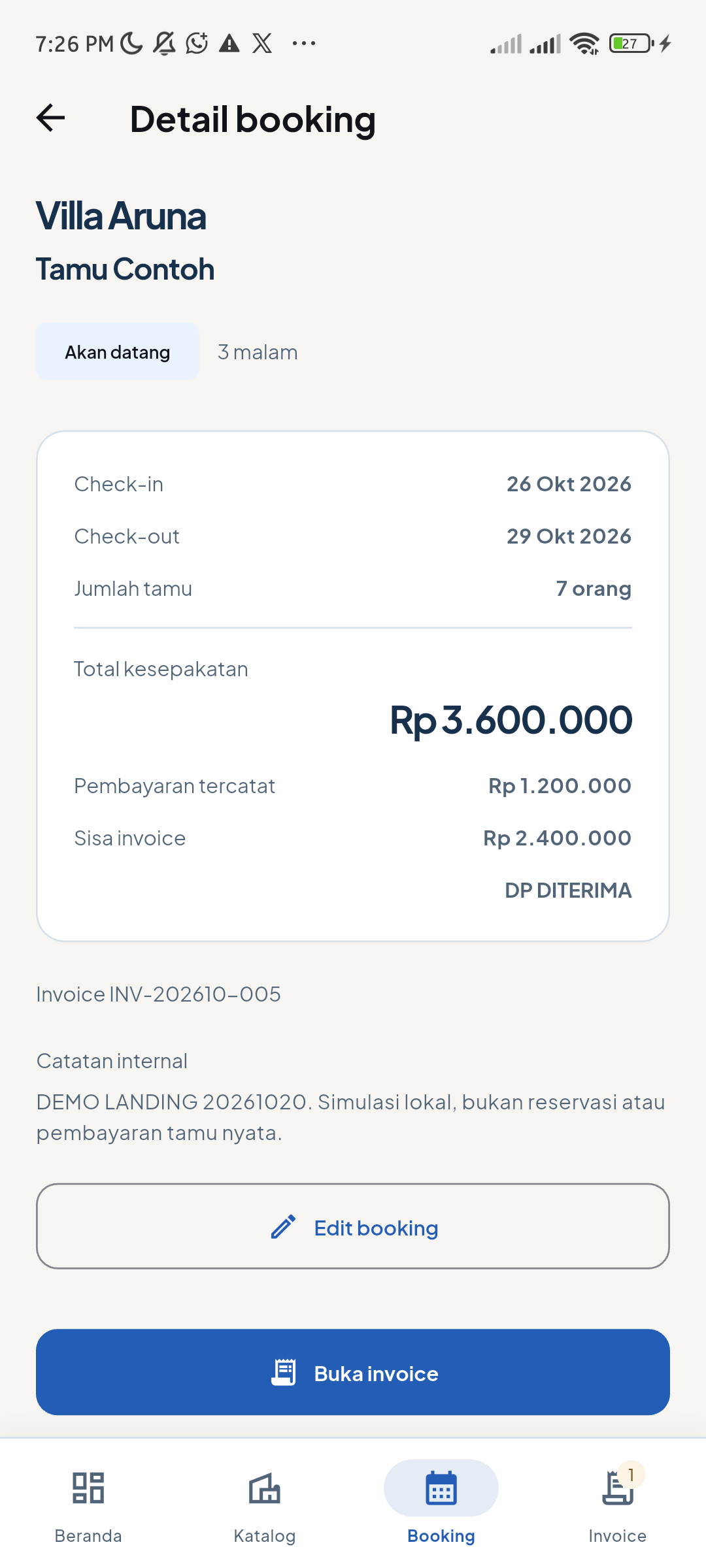 Detail booking demo Tamu Contoh di Aruna, 26–29 Oktober 2026, tujuh tamu, total Rp3.600.000, DP Rp1.200.000 dan sisa Rp2.400.000.