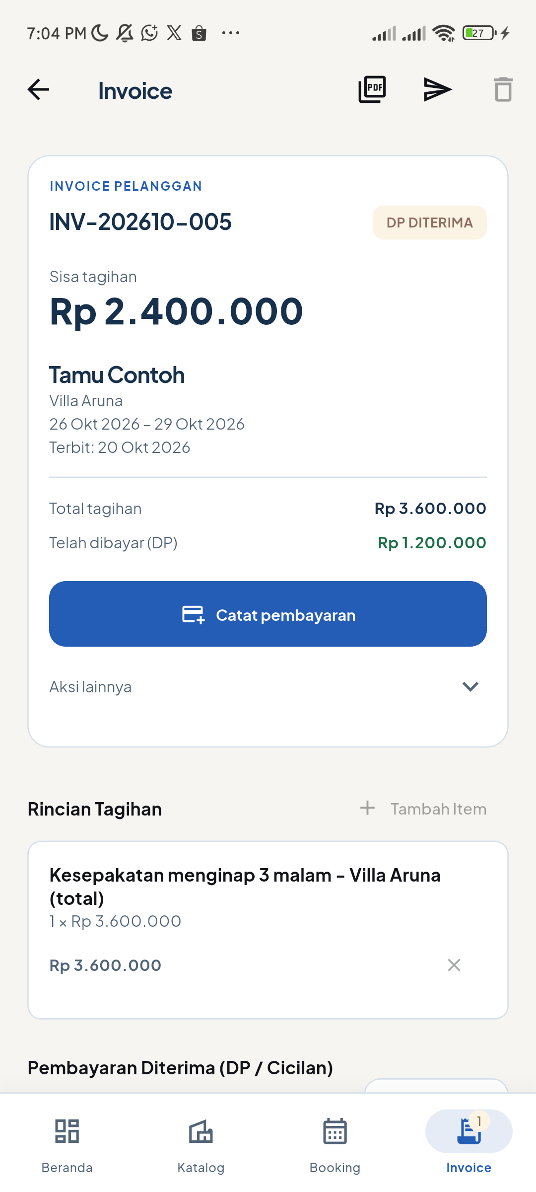 Invoice demo INV-202610-005: total Rp3.600.000, DP simulasi Rp1.200.000 dan sisa Rp2.400.000, terverifikasi setelah dibuka ulang.